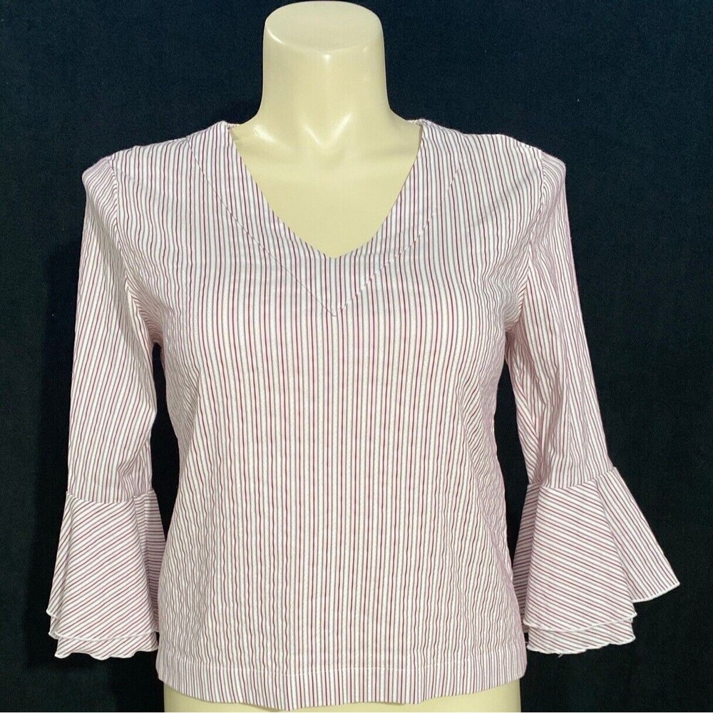 White House Black‎ Market Blouse 12 Pink White Black Stripes 3/4 Flare Sl Top